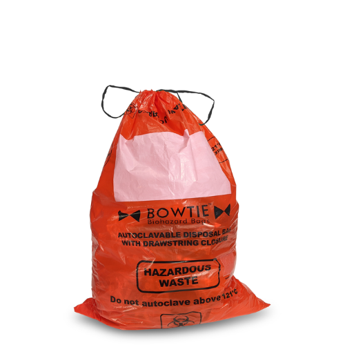 MTC Bio BowTie™ Biohazard Family A8001R | Biohazard Bag | Drawstring | HDPE | 12 Gal (45L) | 27 × 35in. (69 × 89cm) | Large marking area | Sterilization indicator | Compatible with: A8000B Bin | 100 cs Biohazard Waste Disposal MTC Bio