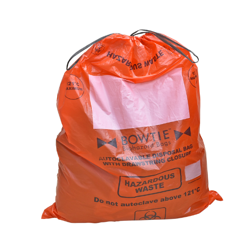 MTC Bio BowTie™ Biohazard Family A8003R | Biohazard Bag | Drawstring | HDPE | 30 Gal (113L) | 33 × 41in. (84 × 104cm) | Large marking area | Sterilization indicator | Compatible with: A8002B Bin | 100 cs Biohazard Waste Disposal MTC Bio