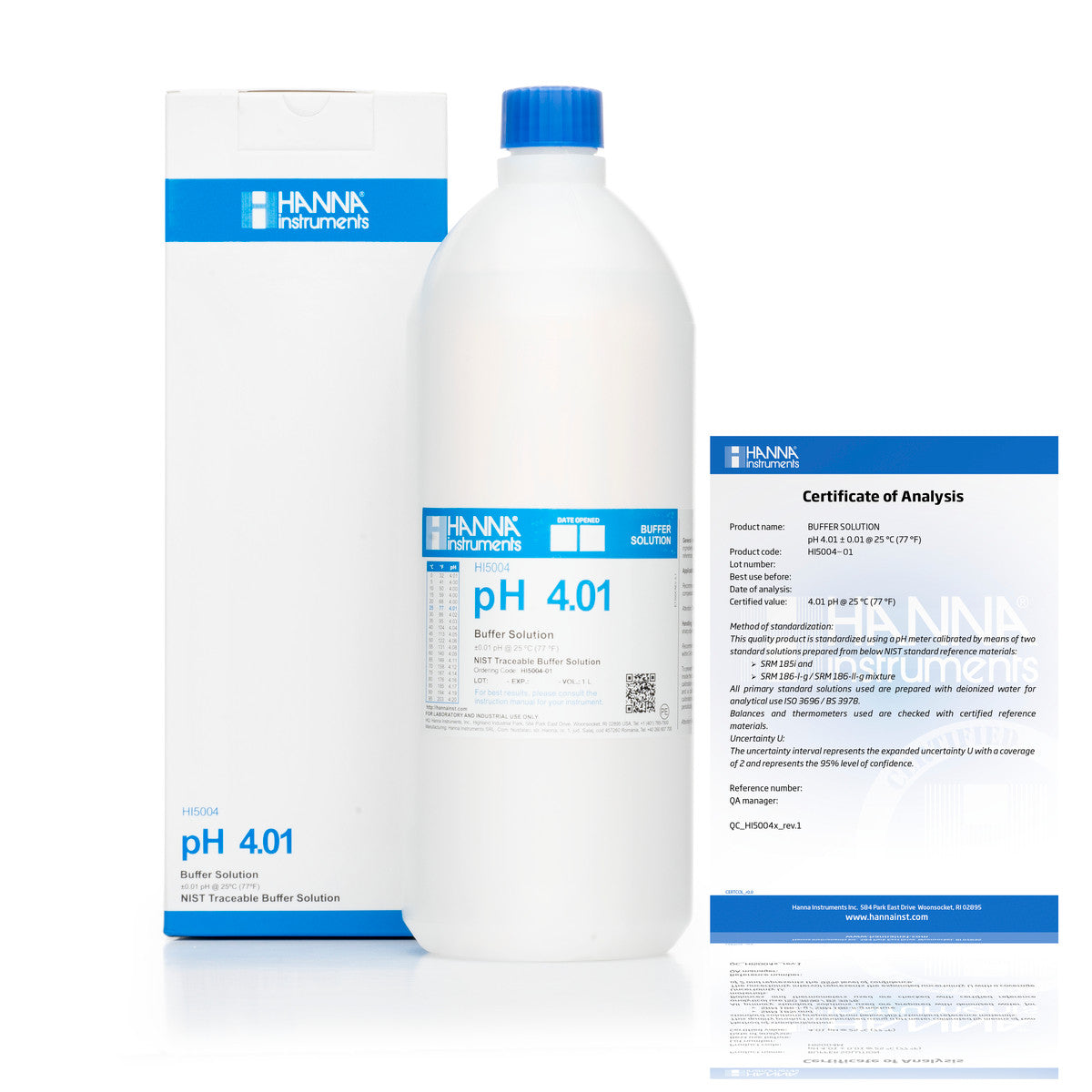 Hanna pH 4.01 Calibration Buffer Solution – HI7004L, HI5004 & HI6004 HI5004 – Technical – 500 mL Bottle, COA Calibration Buffers Hanna Instruments