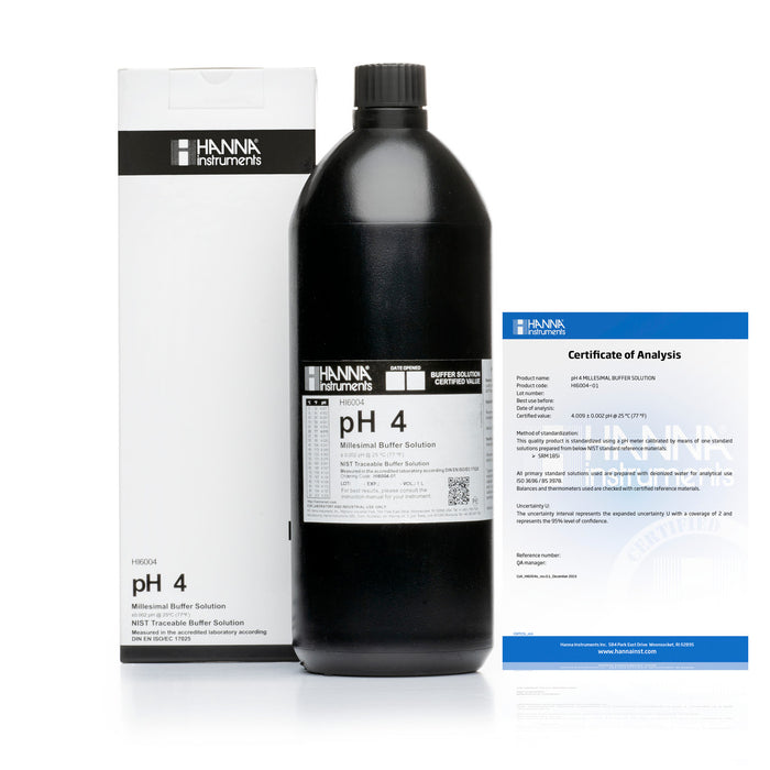 Hanna pH 4.01 Calibration Buffer Solution – HI7004L, HI5004 & HI6004 HI6004 – Millesimal – 500 mL Bottle, COA Calibration Buffers Hanna Instruments