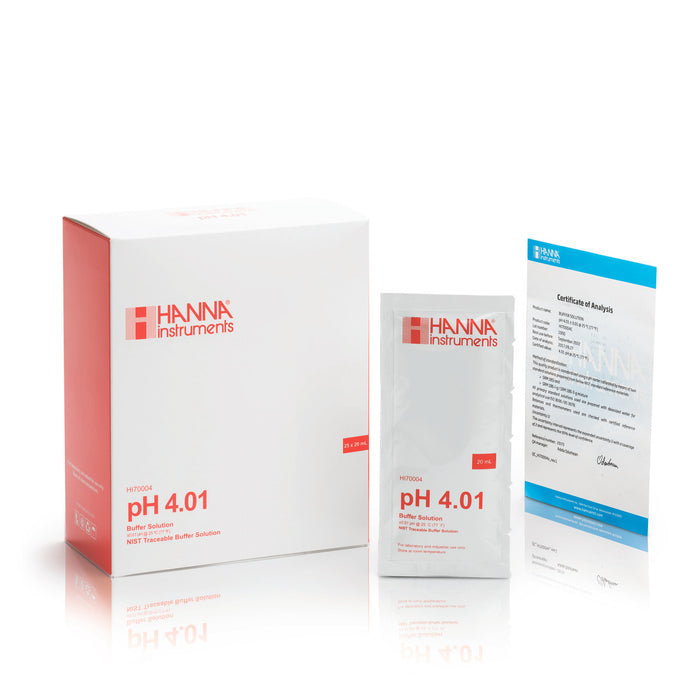 Hanna pH 4.01 Calibration Buffer Solution – HI7004L, HI5004 & HI6004 HI70004C – Standard – 20 mL Sachets (25 pcs.), COA Calibration Buffers Hanna Instruments