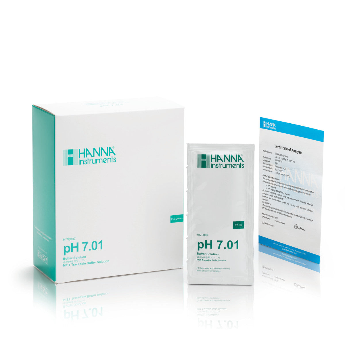 Hanna pH 7.01 Calibration Buffer Solution – HI7007L, HI5007 & HI6007 HI70007C – Standard – 20 mL Sachets (25 pcs.), COA Calibration Buffers Hanna Instruments