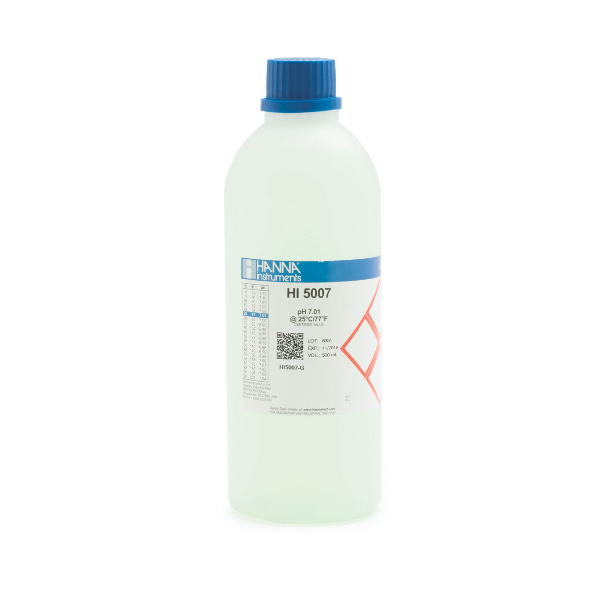 Hanna pH 7.01 Calibration Buffer Solution – HI7007L, HI5007 & HI6007 HI5007-G – Technical – 500 mL Bottle (color coded), COA Calibration Buffers Hanna Instruments