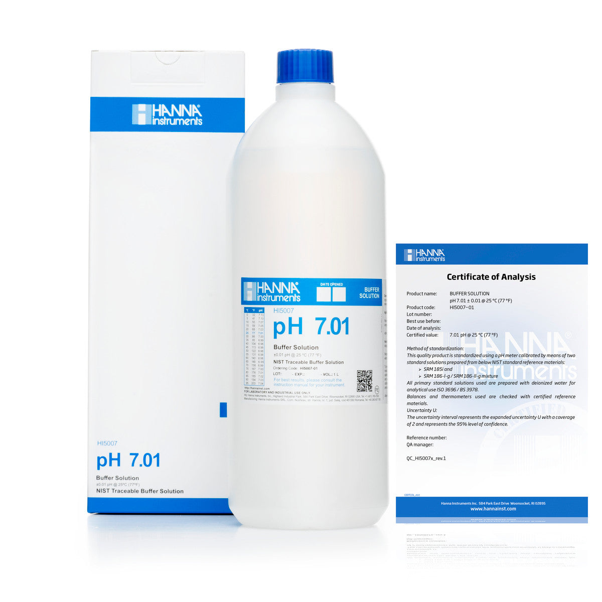 Hanna pH 7.01 Calibration Buffer Solution – HI7007L, HI5007 & HI6007 HI5007-01 – Technical – 1 L Bottle, COA Calibration Buffers Hanna Instruments