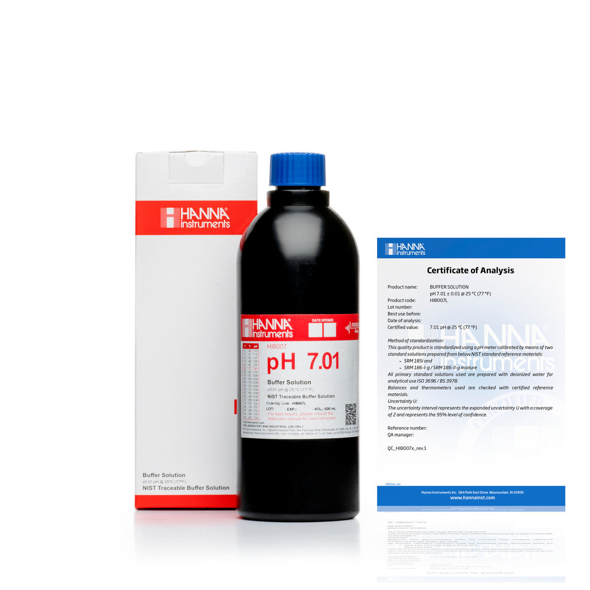 Hanna pH 7.01 Calibration Buffer Solution – HI7007L, HI5007 & HI6007 HI8007L C – Standard – 500 mL FDA Bottle, COA Calibration Buffers Hanna Instruments