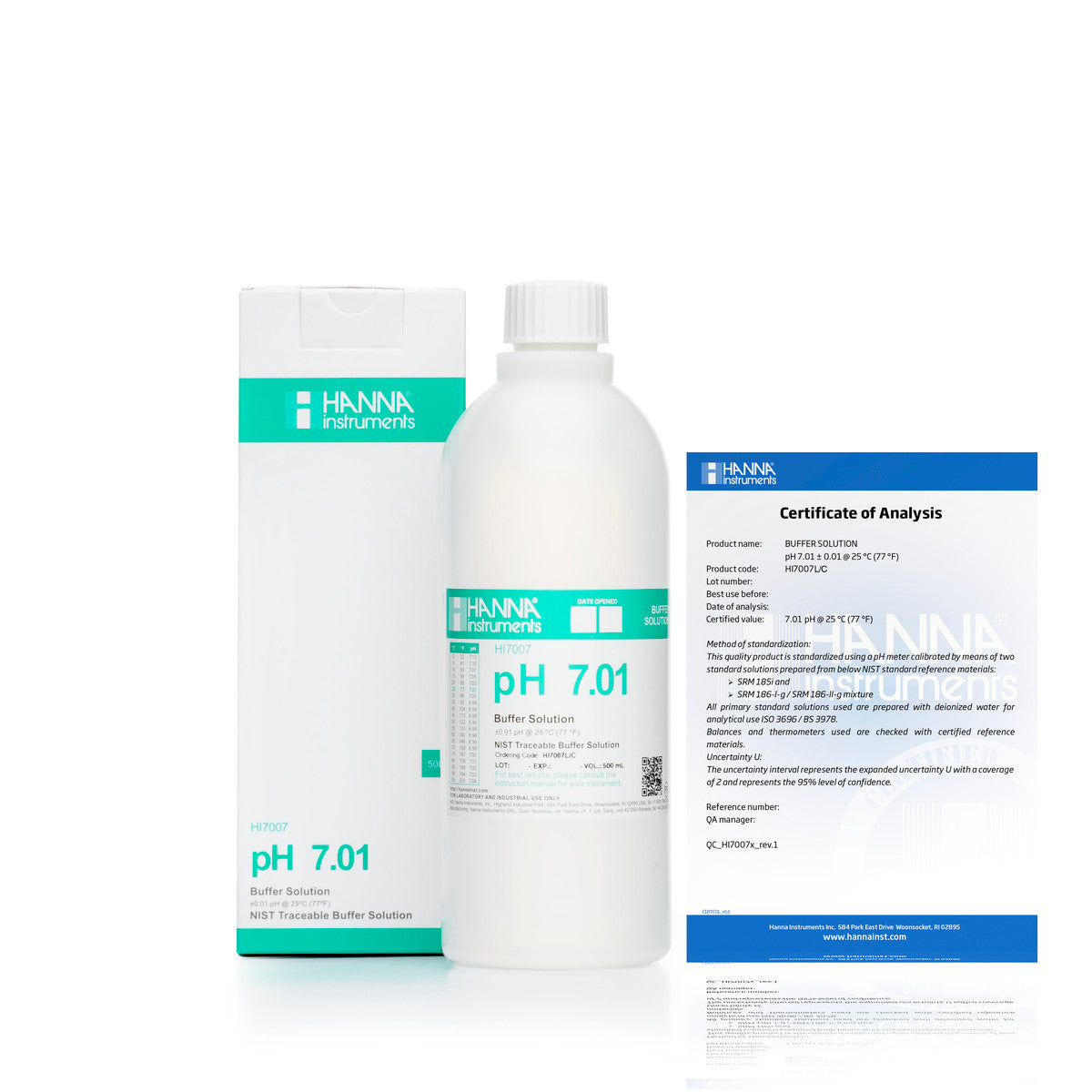 Hanna pH 7.01 Calibration Buffer Solution – HI7007L, HI5007 & HI6007 HI7007L C – Standard – 500 mL Bottle, COA Calibration Buffers Hanna Instruments