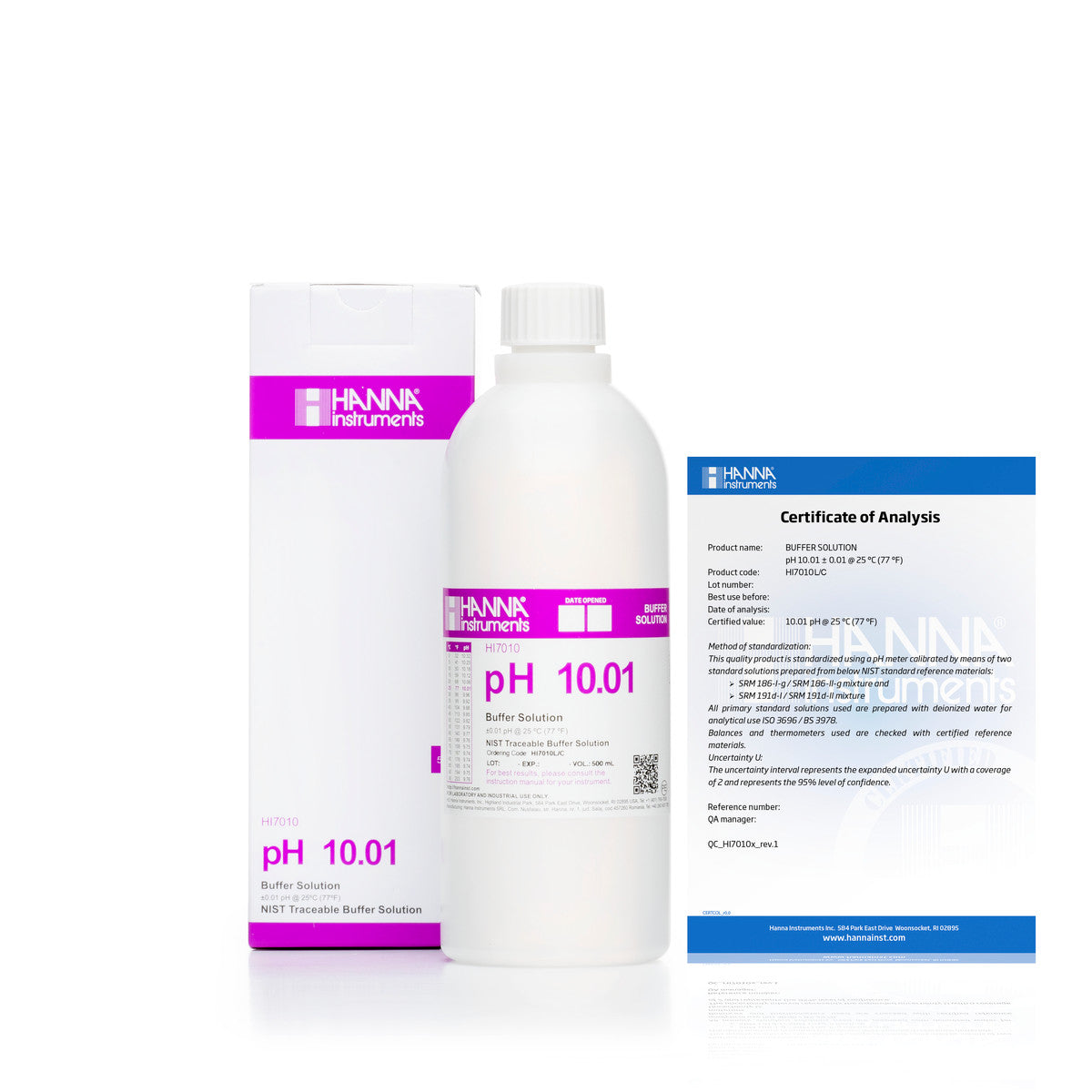 Hanna pH 10.01 Calibration Buffer Solution – HI7010L, HI5010 & HI6010 HI7010L C – Standard – 500 mL Bottle, COA Calibration Buffers Hanna Instruments