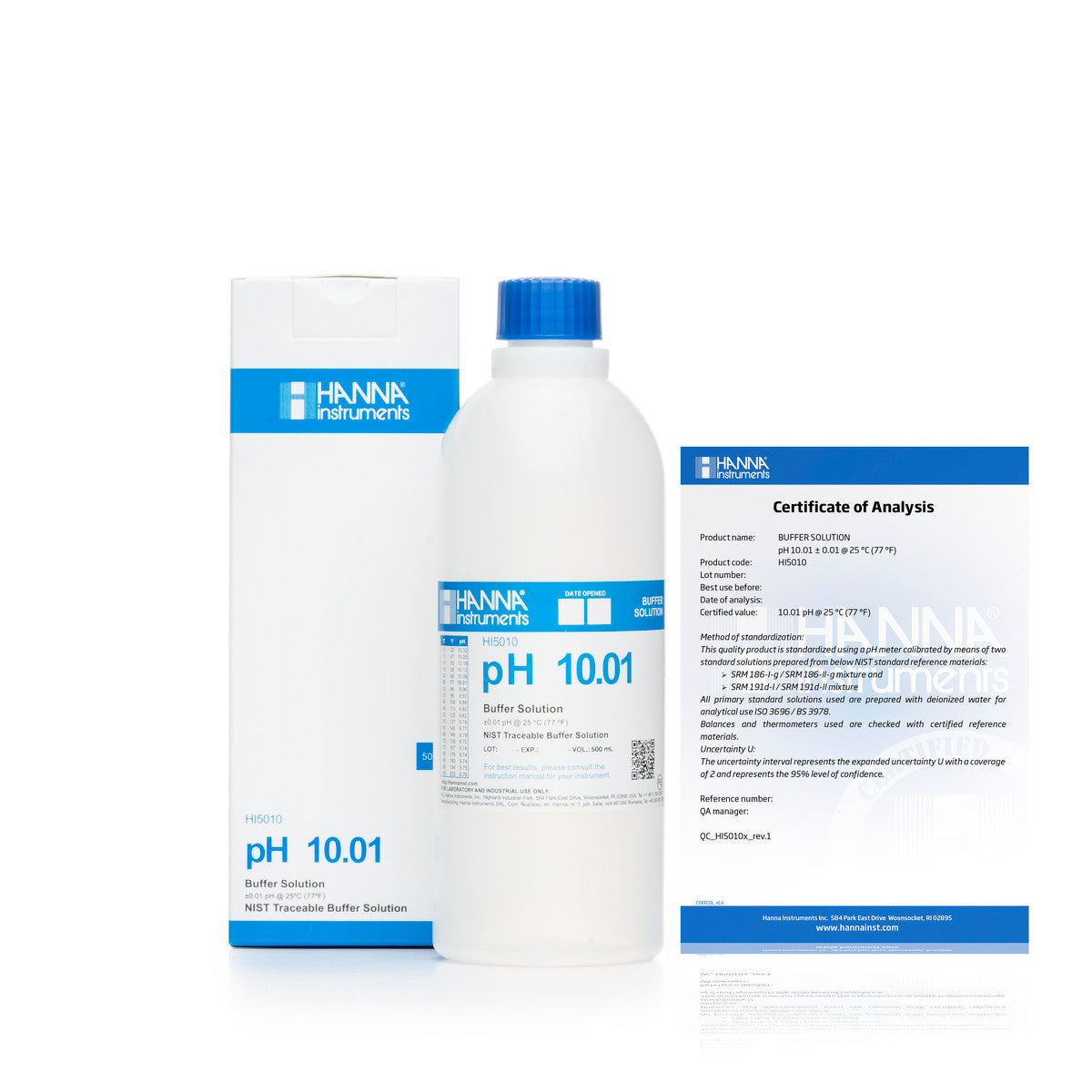 Hanna pH 10.01 Calibration Buffer Solution – HI7010L, HI5010 & HI6010 HI8010L C – Standard – 500 mL FDA Bottle, COA Calibration Buffers Hanna Instruments