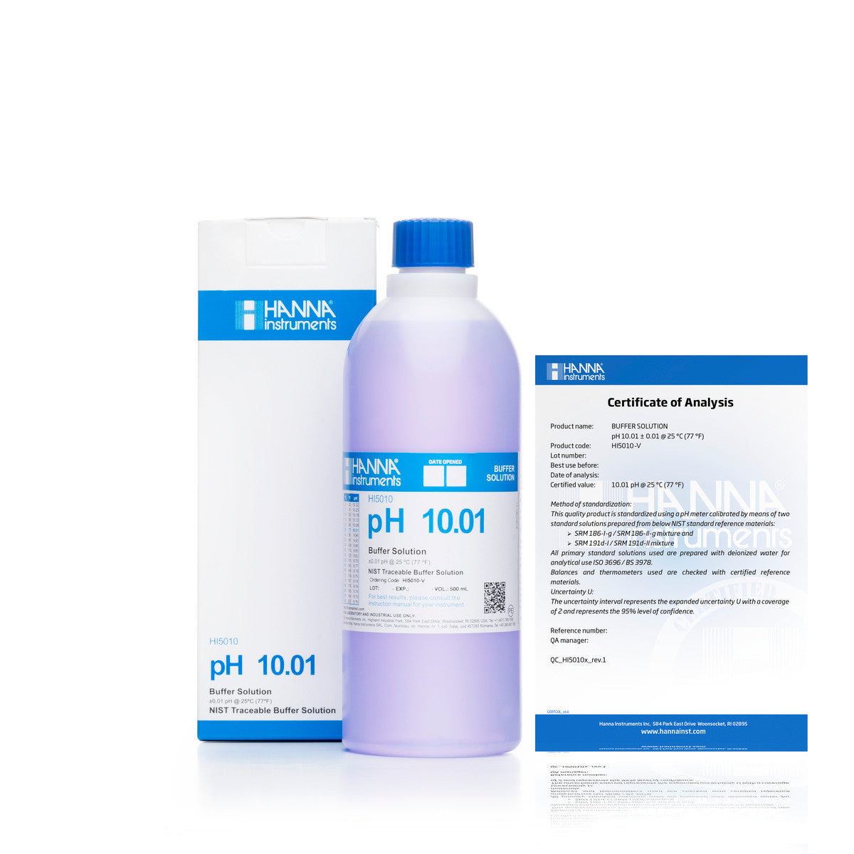 Hanna pH 10.01 Calibration Buffer Solution – HI7010L, HI5010 & HI6010 HI5010-V – Technical – 500 mL Bottle (color coded), COA Calibration Buffers Hanna Instruments