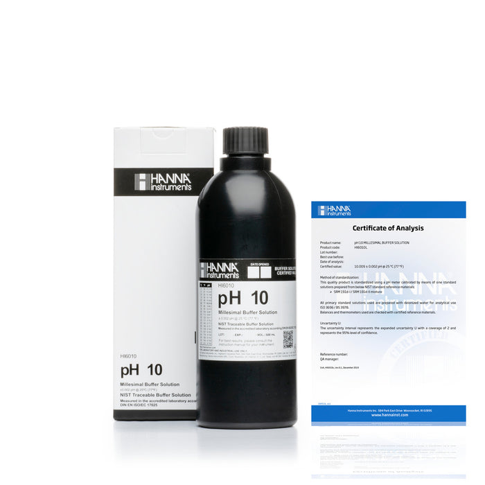 Hanna pH 10.01 Calibration Buffer Solution – HI7010L, HI5010 & HI6010 HI6010 – Millesimal – 500 mL Bottle, COA Calibration Buffers Hanna Instruments