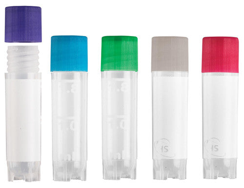 2 mL Cryogenic Vials – Sterile, Leakproof Storage for Ultra-Low Temperature Samples (500 Vials) Assorted (Red, Purple, Blue, Green, and Grey) Cryogenic Vials Heathrow Scientific