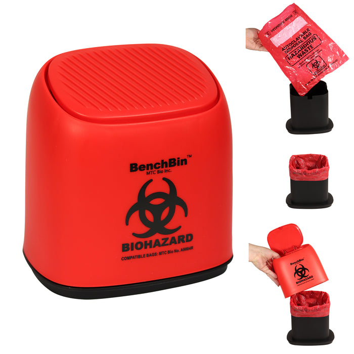 MTC Bio BenchBin Starter Kits – Benchtop Biohazard Bin with 400 Autoclave Bags A8401-SK | 1.5 L bin + 400 bags Biohazard Waste Container Starter Kits MTC Bio