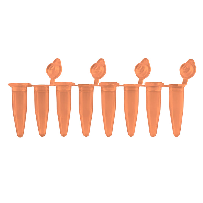 MTC Bio PureAmp™ PCR Tubes & 8-Strips – 0.2 mL, Flat & Domed Caps, 7 Colors P3010-A-O | 8-Strip, 0.2 mL | Attached Flat Caps | Orange | 120 strips pk PCR Tubes MTC Bio