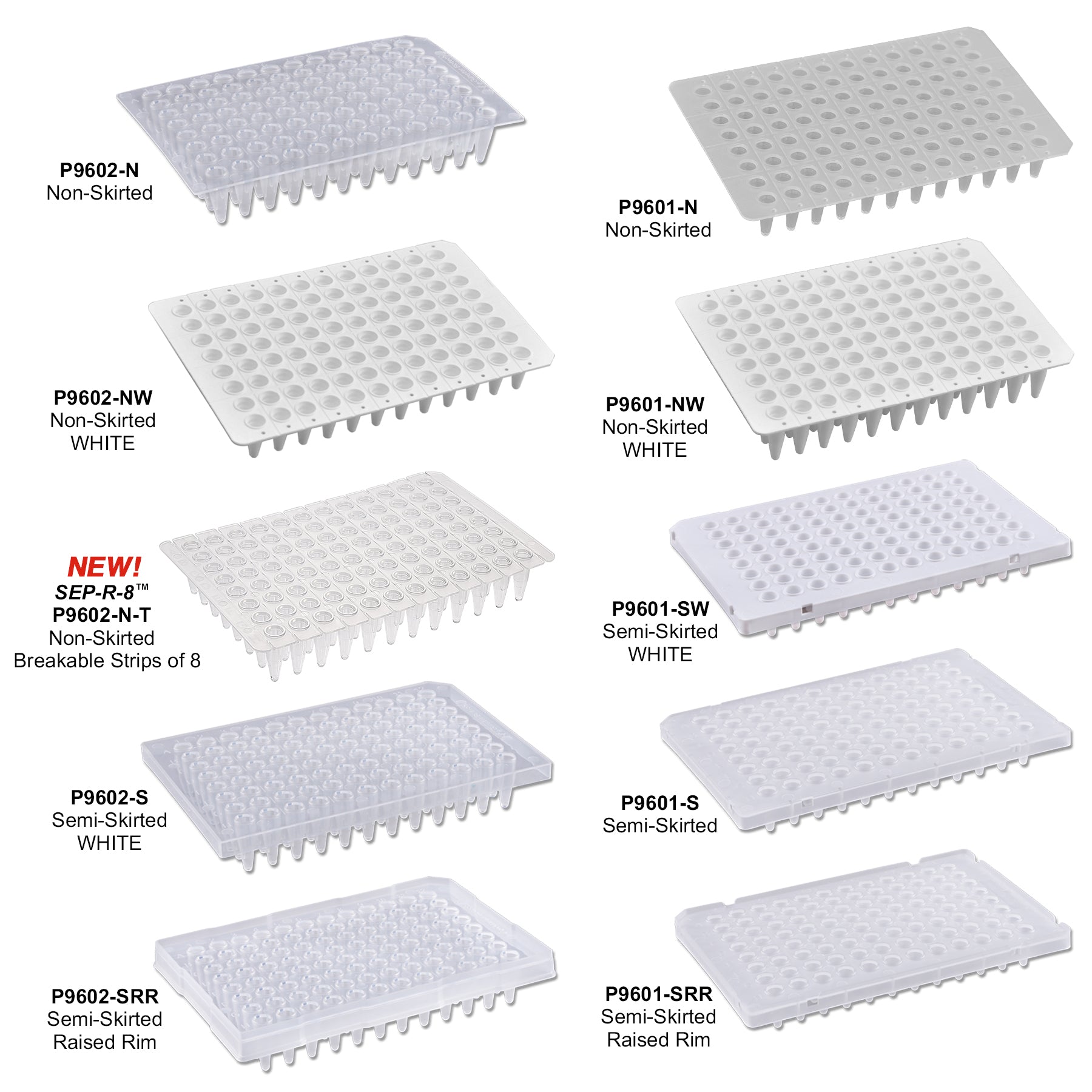 MTC Bio PureAmp 96-well PCR plates in clear and white, skirted and non-skirted