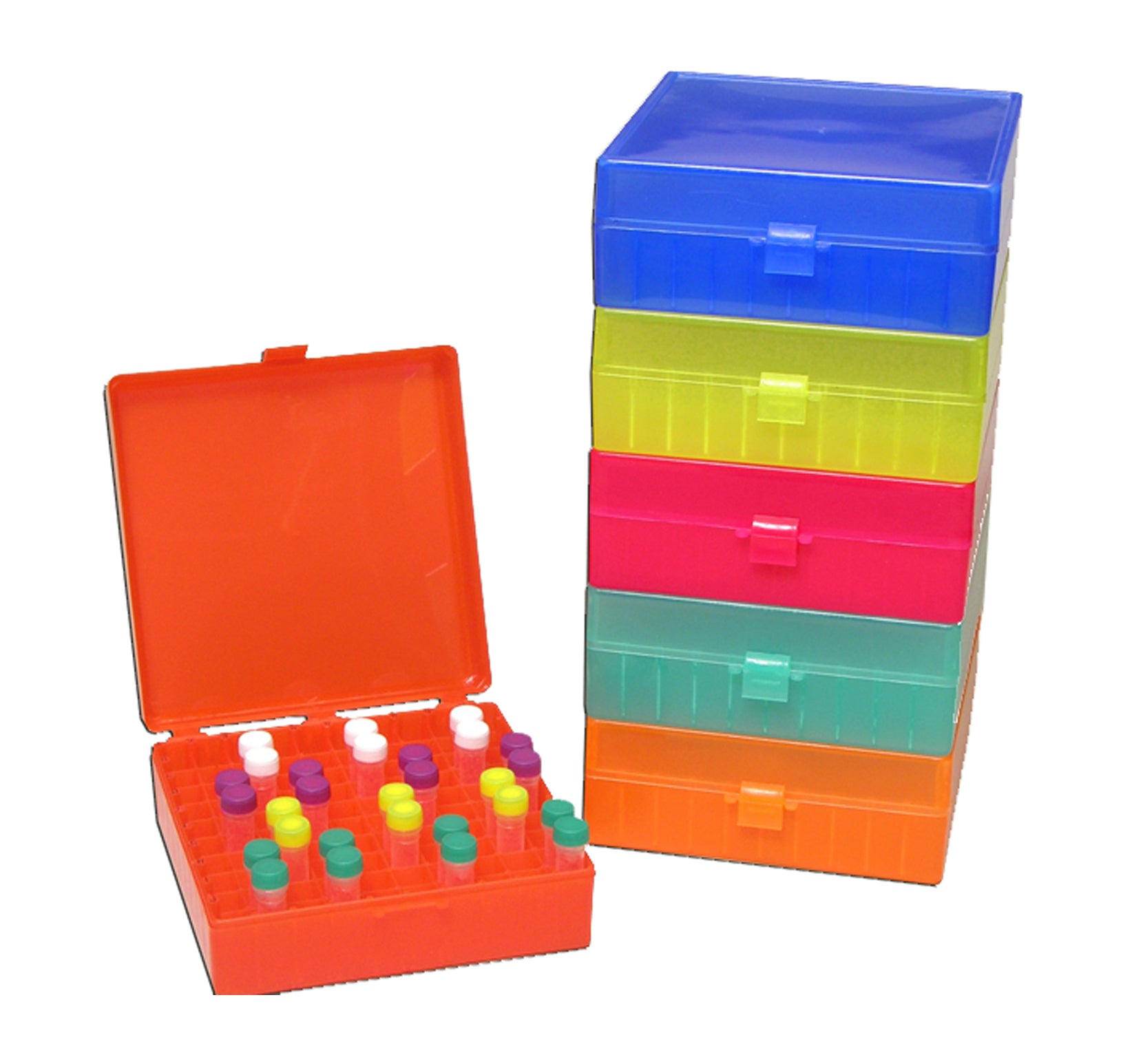 MTC Bio R1020 100-place storage box with hinged lid, rainbow pack