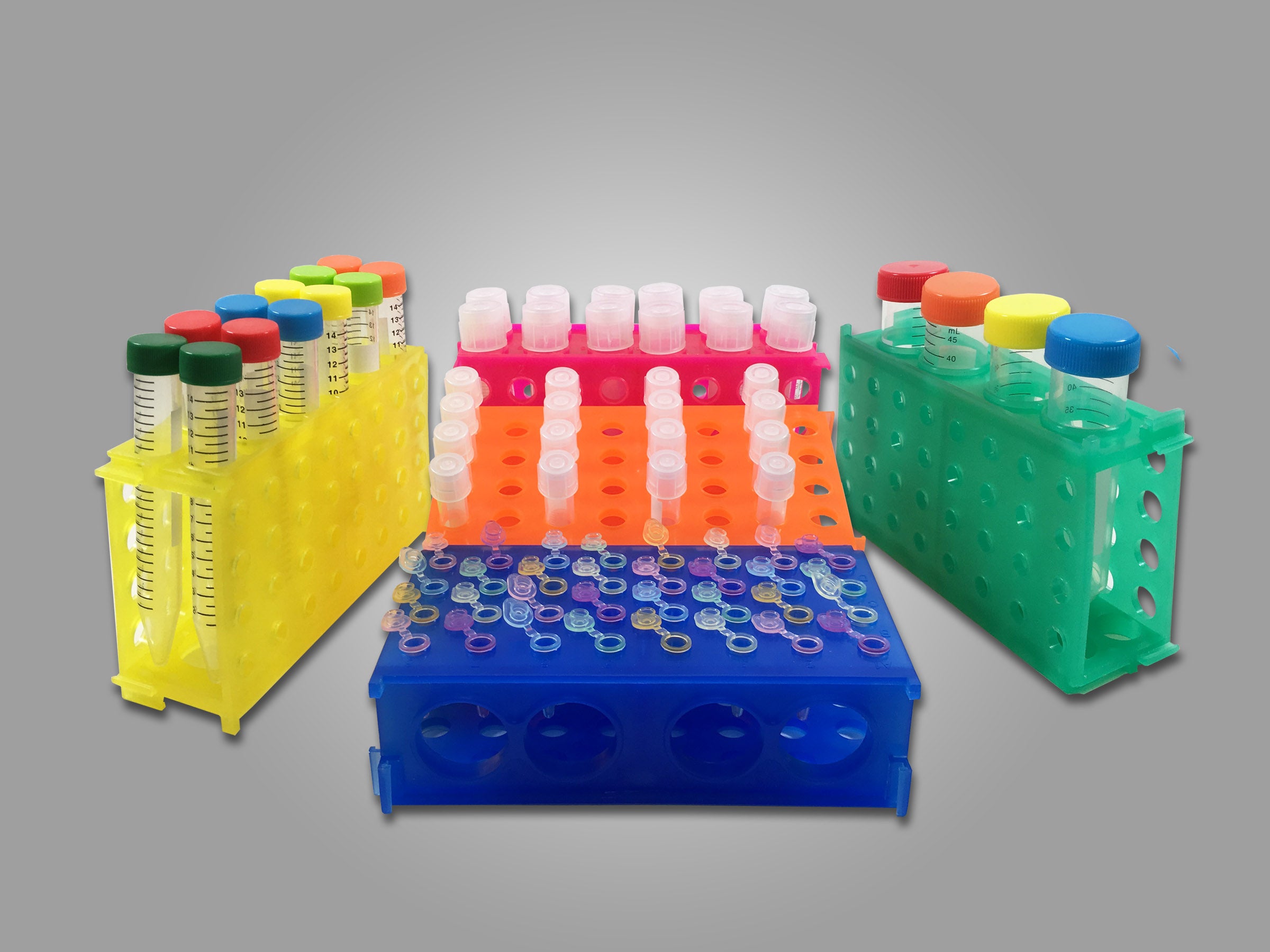 MTC Bio R1030 4-way polypropylene tube racks, rainbow pack