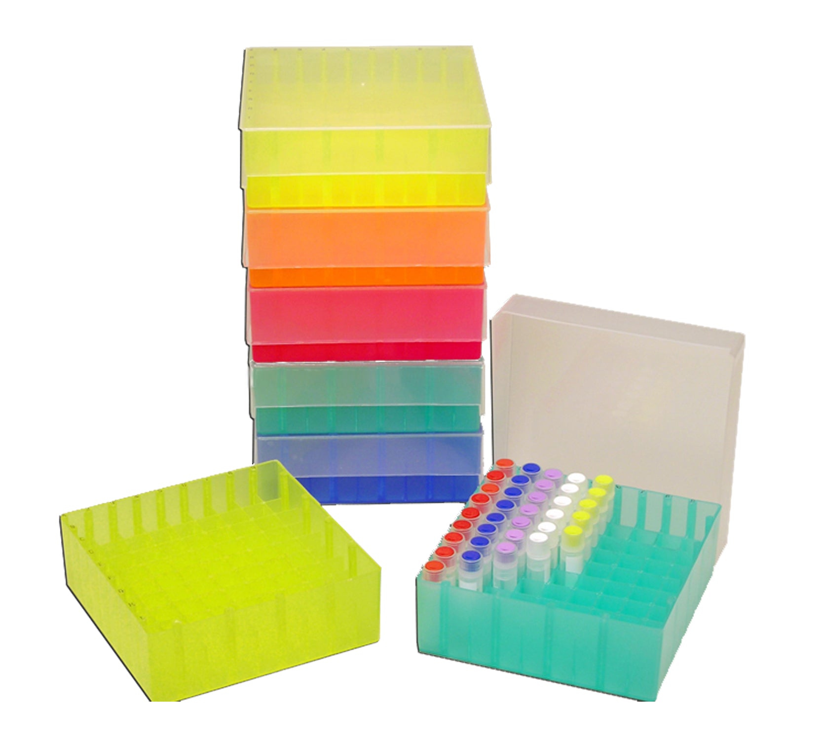 MTC Bio R1060 81-place 2 mL freezer rack with lid, rainbow pack