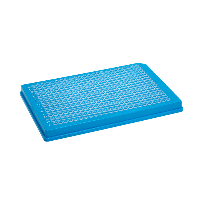 MTC Bio SureFrame P9384-FSC two-component PCR plate, 384-well, 35 µL, full skirt, clear wells, blue polycarbonate frame
