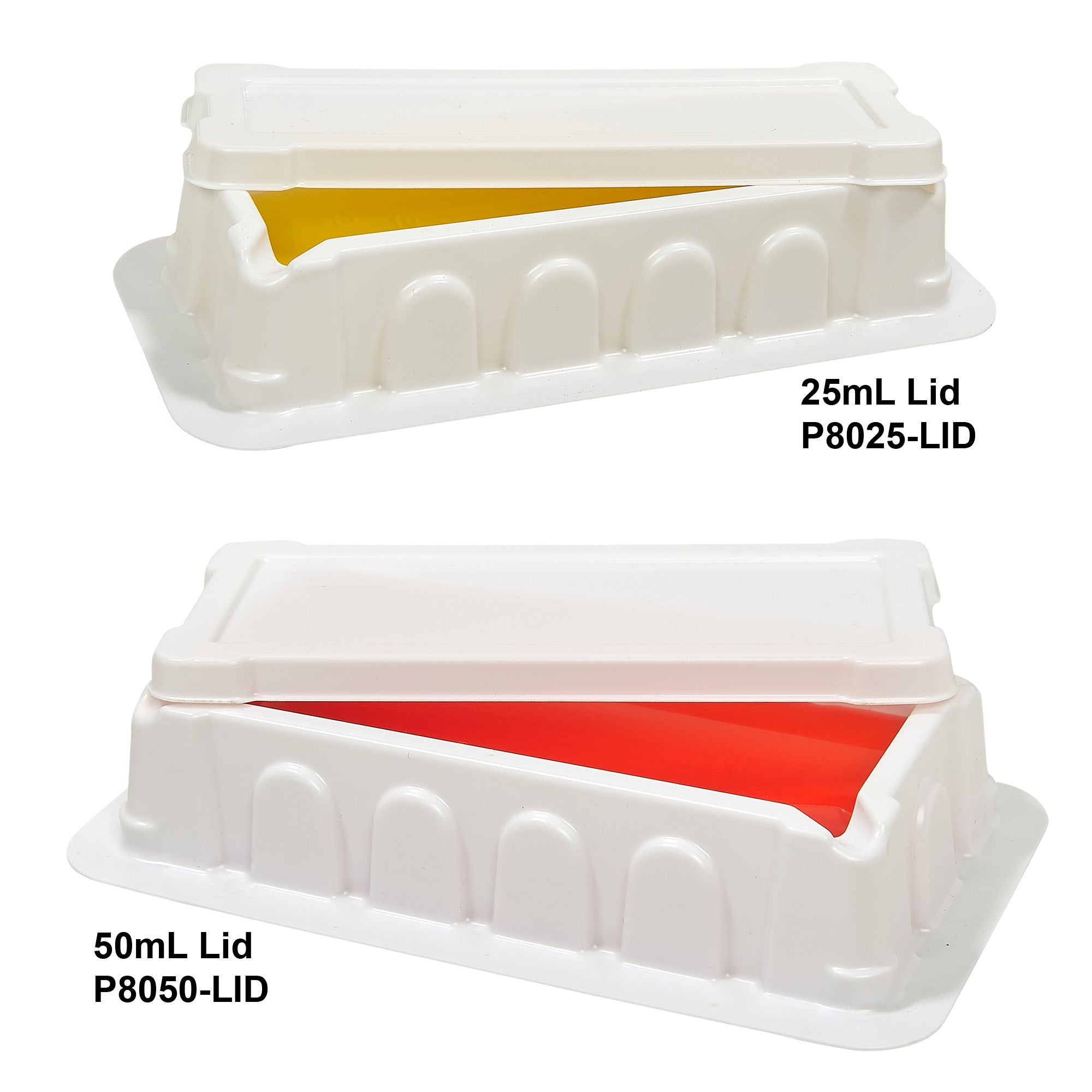 Standard 25 mL and 50 mL reservoirs with protective lids