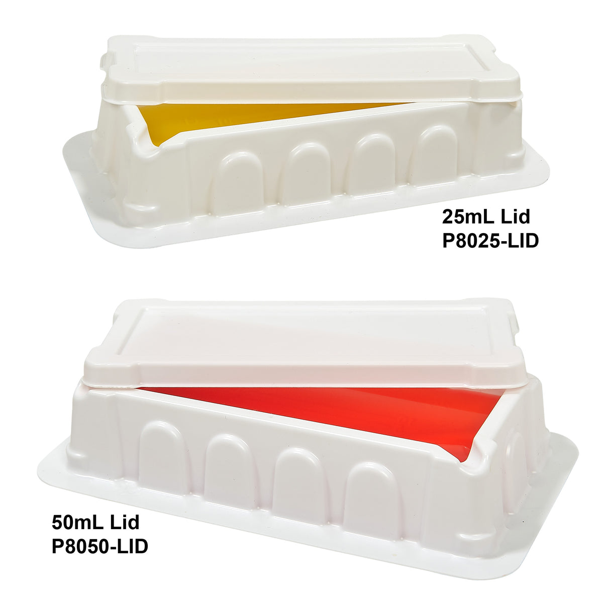 Standard 25 mL and 50 mL reservoirs with protective lids