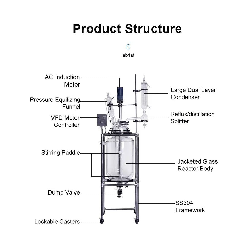 10L Chemical Lab Jacketed Glass Reactor Vessel with Digital Display for Laboratory Reaction - Blue Tiger Scientific