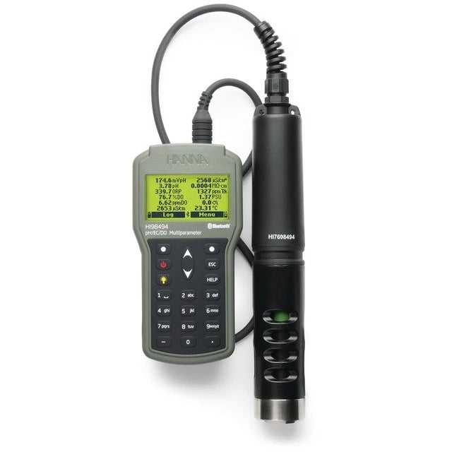 Hanna Instruments HI98494 Bluetooth® Multiparameter Meter – Portable pH/EC/Optical DO Testing with HI7698494 Probe (4–50m Cable Options)