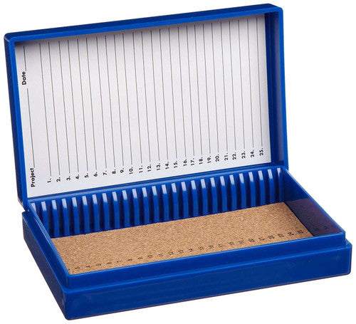 25-Place Premium Microscope Slide Box – Durable, Hinged Storage for Standard Slides Blue Microscope Slide Storage Heathrow Scientific