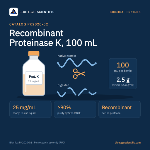 Biomiga Recombinant Proteinase K, 25 mg/mL, 100 mL (PK2020-02) Proteases & Enzymes Biomiga