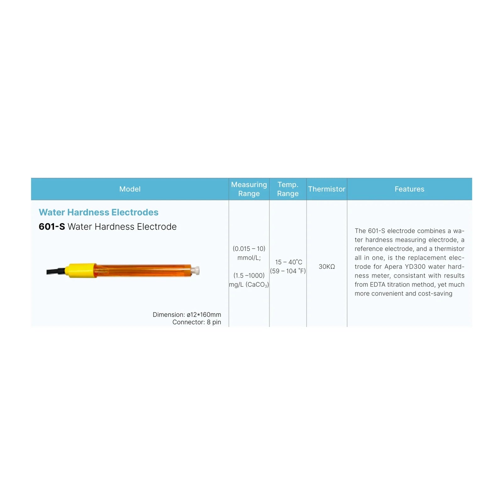 Apera 601-S Water Hardness/Temperature Electrode for YD300 (AI4739) Water Hardness Electrode Apera Instruments