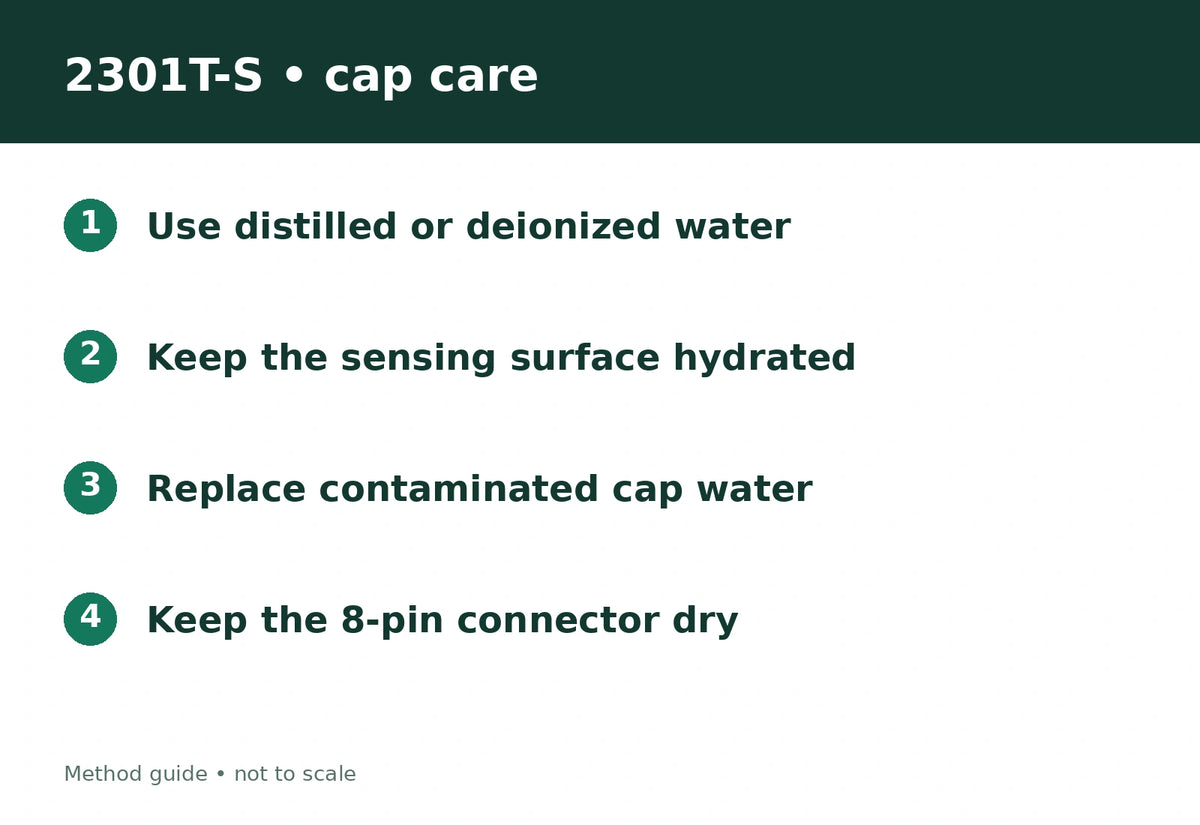 2301T-S care: distilled or deionized water belongs in the storage cap. Do not transfer KCl pH-storage instructions.