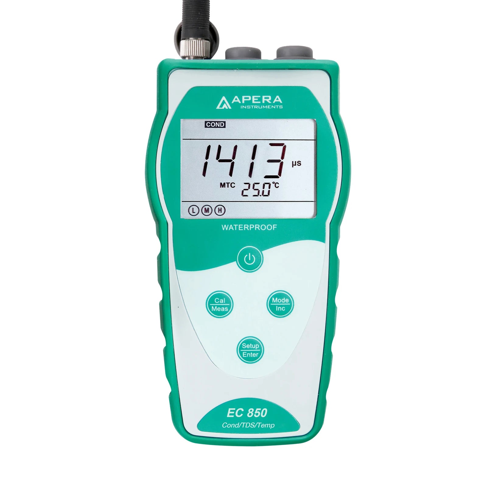 Actual EC850 display and four-button controls. Record the stable value and temperature externally.
