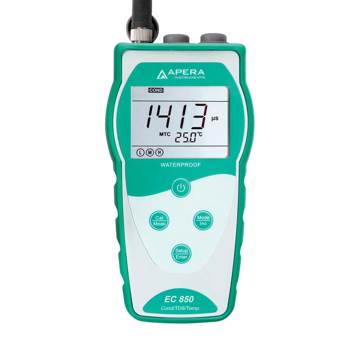 Actual EC850 display and four-button controls. Record the stable value and temperature externally.