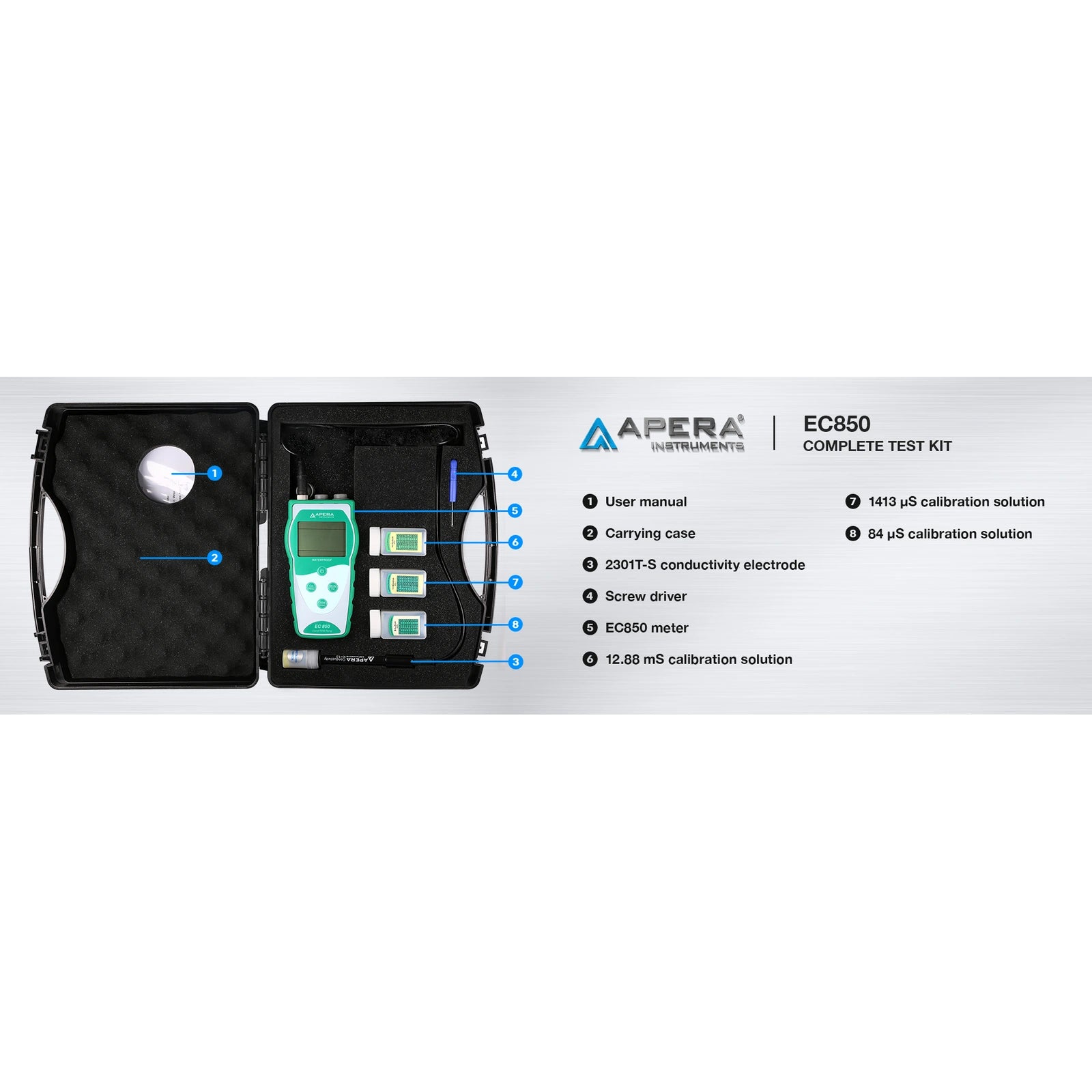 Exact EC850 kit: meter, 2301T-S probe, case, screwdriver, instructions and 84 µS/cm, 1413 µS/cm, 12.88 mS/cm standards, 50 mL each.