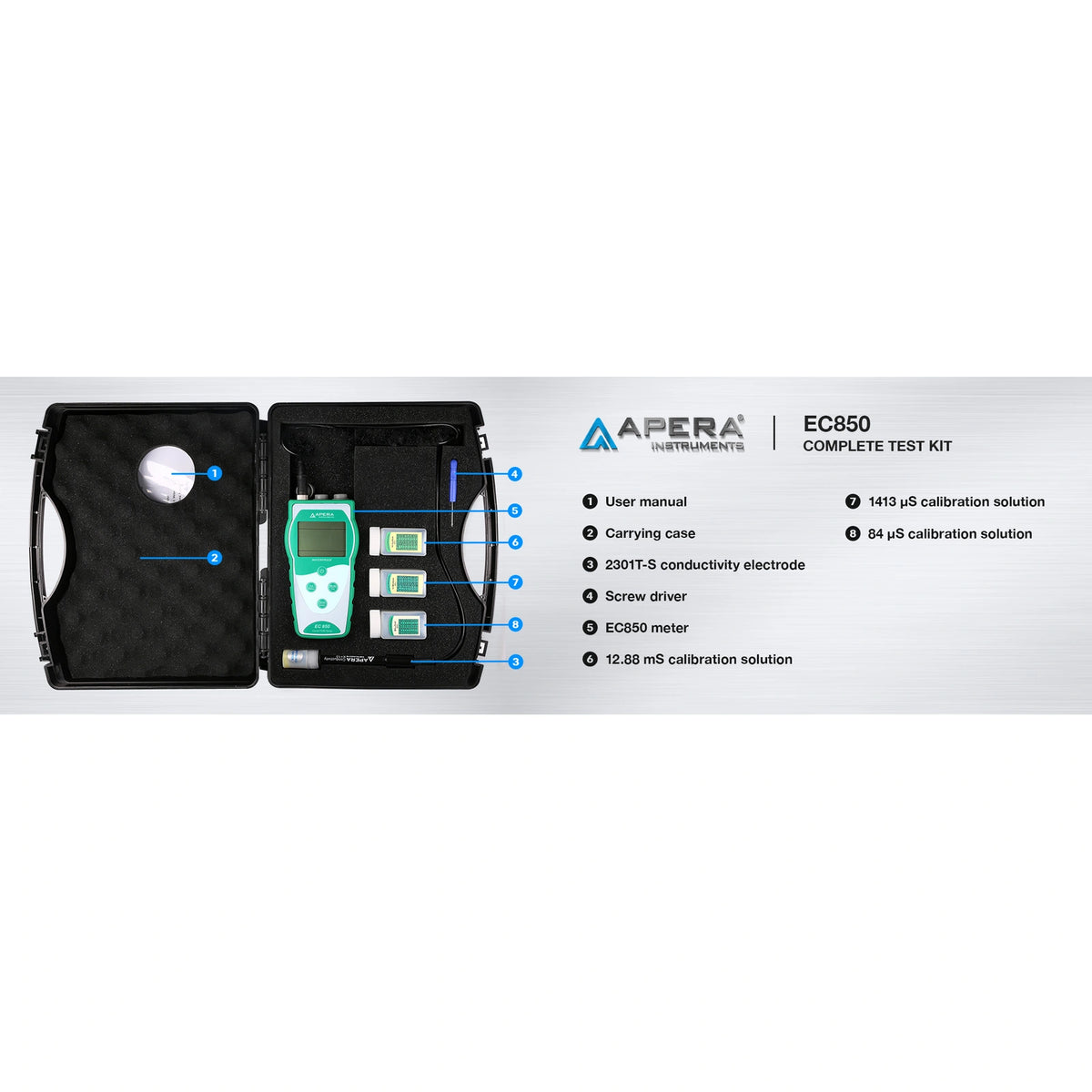 Exact EC850 kit: meter, 2301T-S probe, case, screwdriver, instructions and 84 µS/cm, 1413 µS/cm, 12.88 mS/cm standards, 50 mL each.