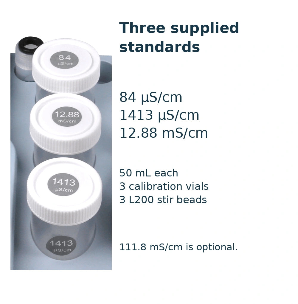 Actual standard-bottle detail with the three supplied conductivity values and quantities