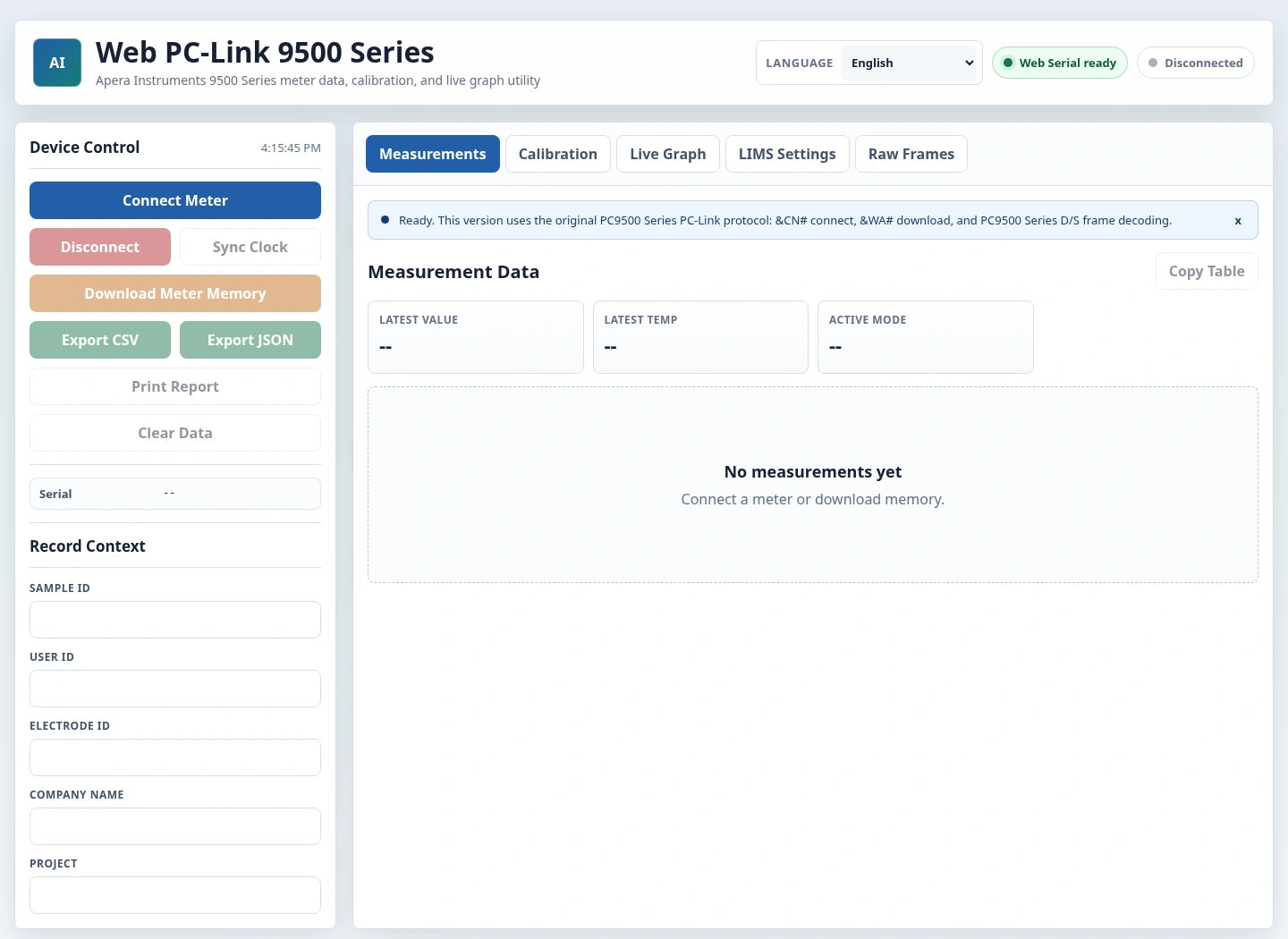 Actual Web PC-Link 9500 interface in disconnected state with no measurements