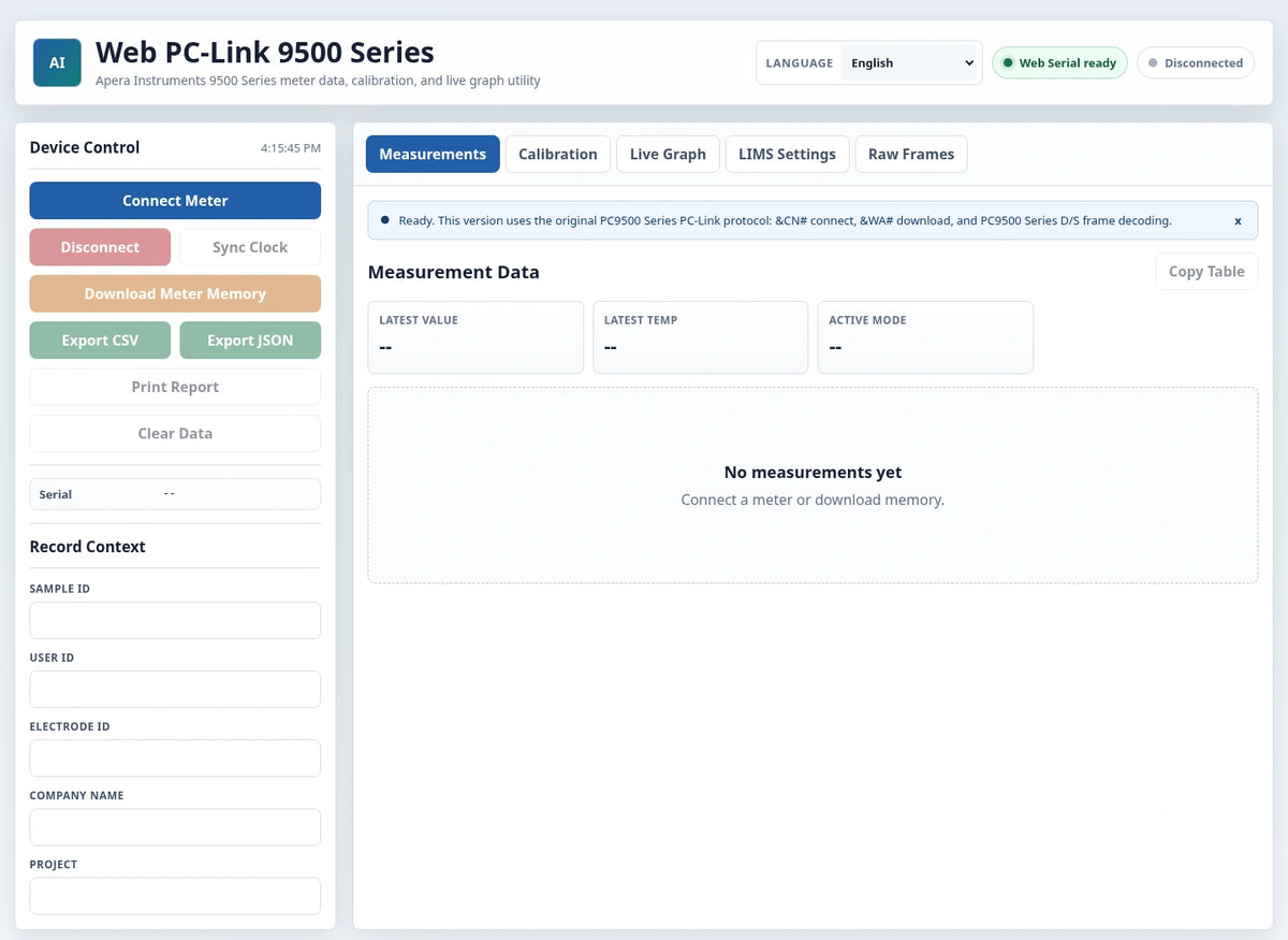 Actual Web PC-Link 9500 interface in disconnected state with no measurements