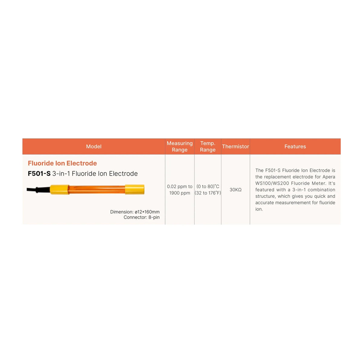 Apera F501-S Fluoride Ion/Temperature Electrode for WS100/WS200 (AI4729) Fluoride Ion Electrode Apera Instruments