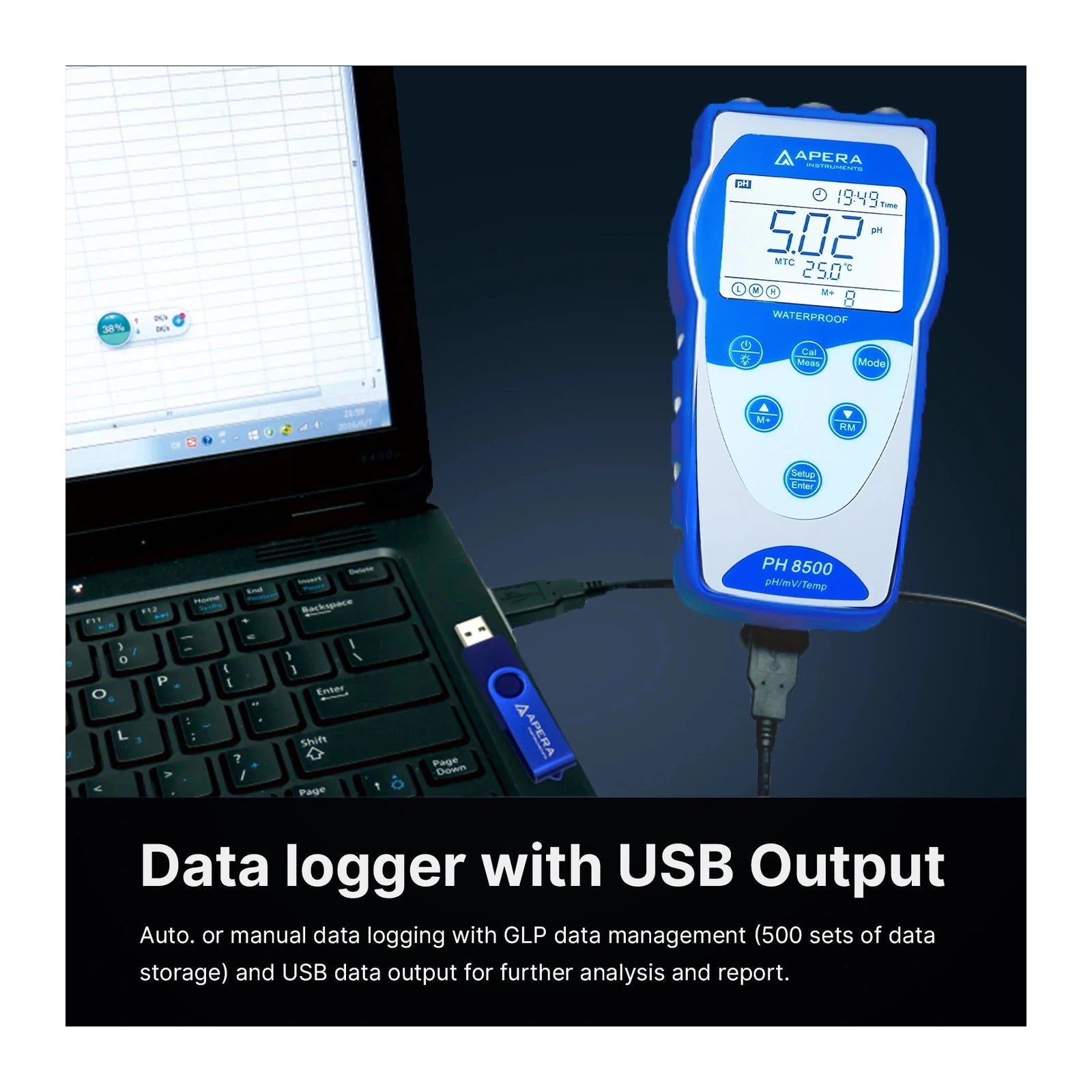 Apera PH8500-A Portable pH Meter with Temperature Probe Only and GLP Data Logging (AI5592) Portable pH Meter Apera Instruments