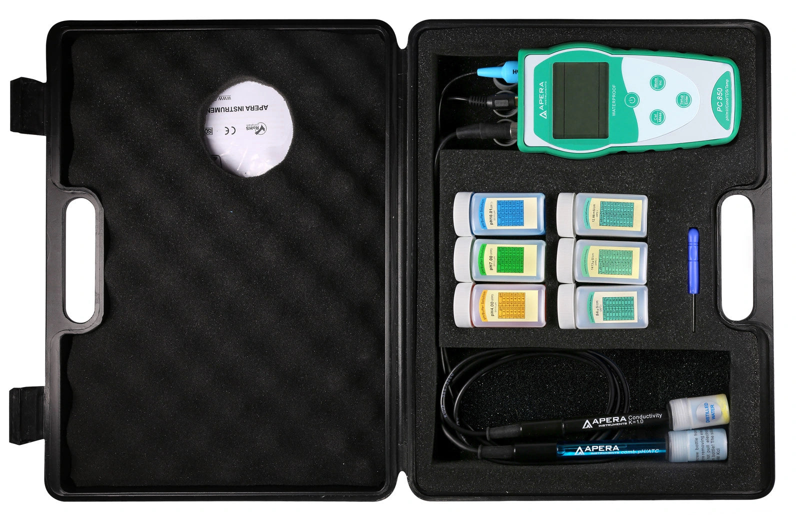 Open PC850 carrying case with meter, probes and calibration bottles