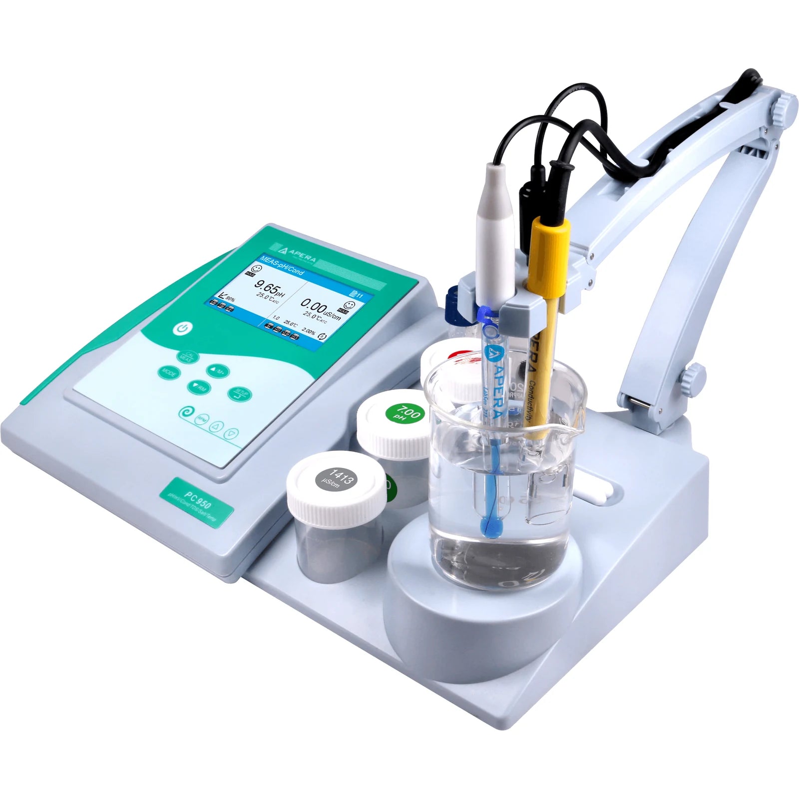 PC950 side view showing flexible holder and three probes above a sample vessel