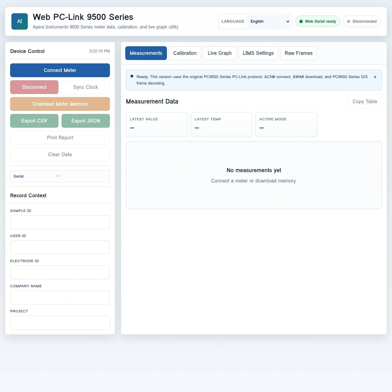 Disconnected Web PC-Link 9500 interface with CSV and JSON export controls