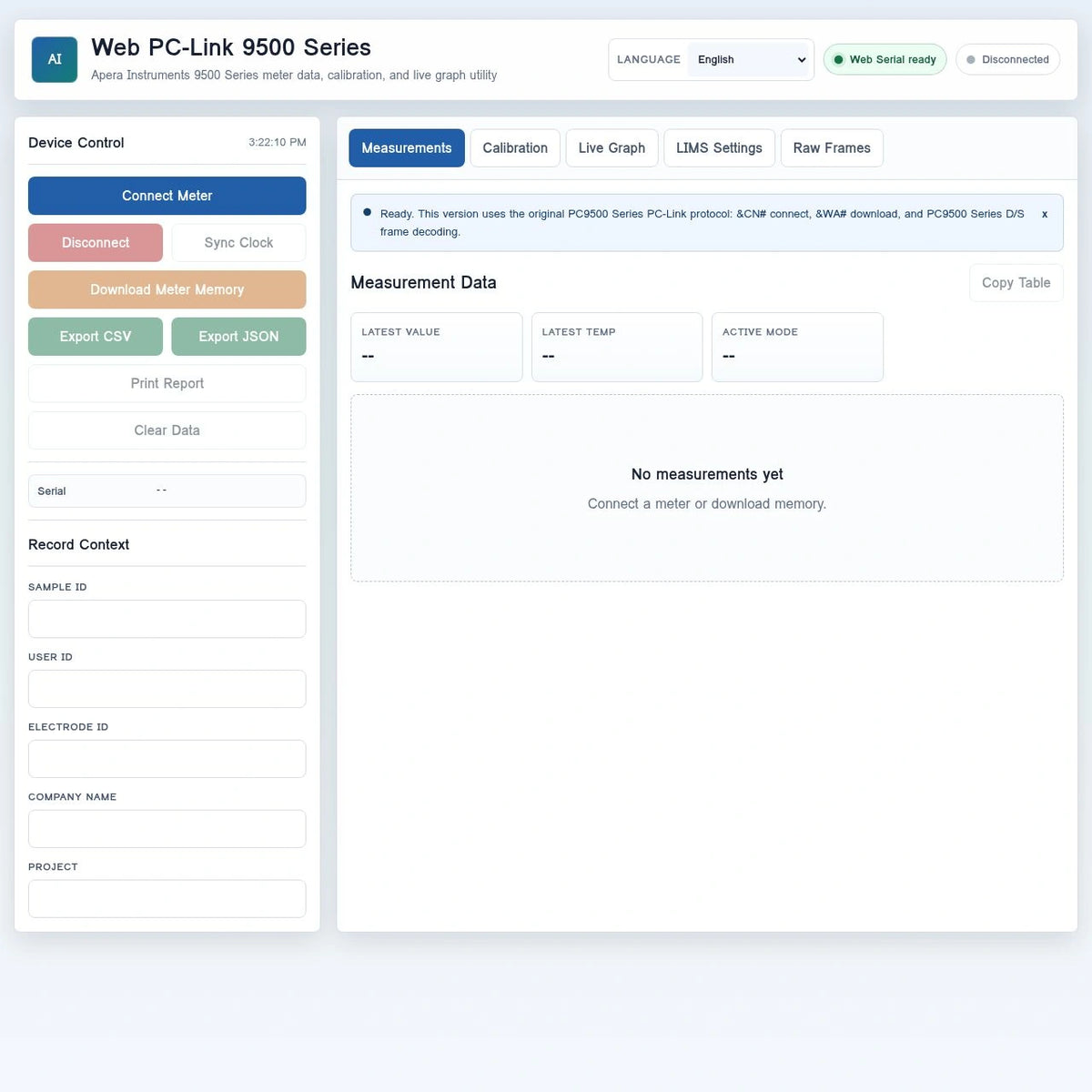 Disconnected Web PC-Link 9500 interface with CSV and JSON export controls