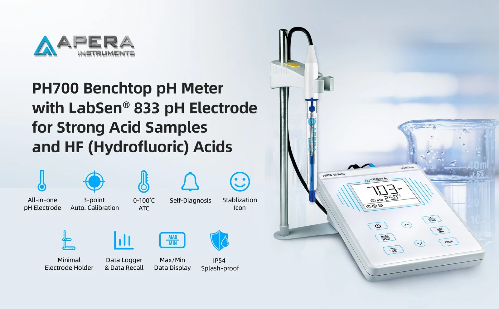 Apera PH700-HF Benchtop pH Meter Kit with LabSen 833 for Strong Acid and HF Solutions Benchtop pH Meter Apera Instruments