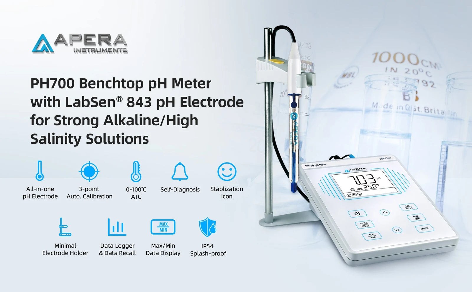 Apera PH700-SA Benchtop pH Meter Kit with LabSen 843 for Strong Alkali and High-Salinity Solutions Benchtop pH Meter Apera Instruments