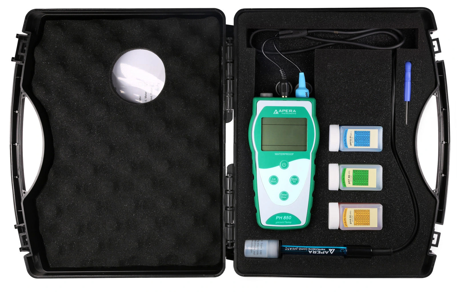 Open PH850 carrying case with meter, probes and calibration bottles