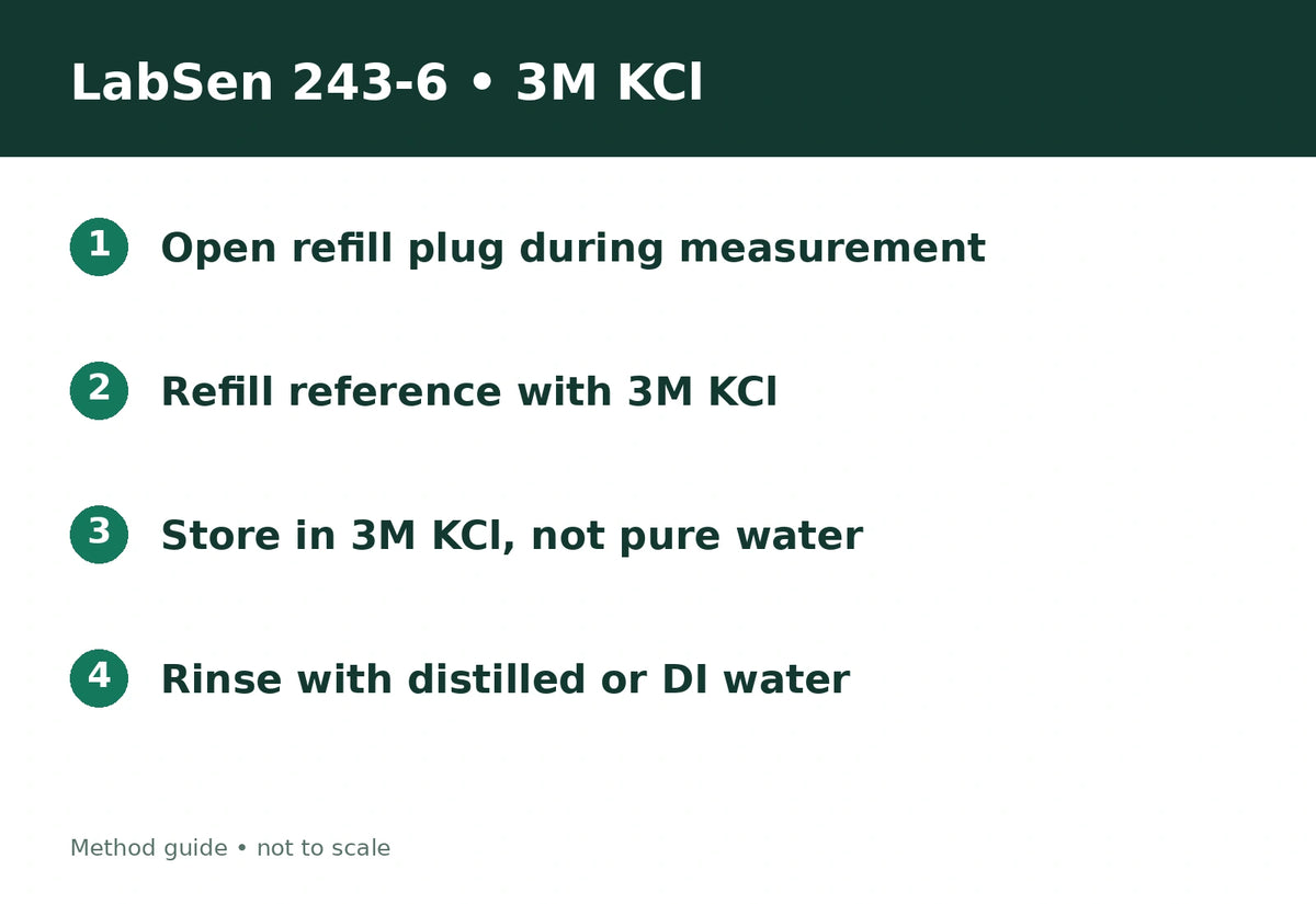 LabSen 243-6 uses 3M KCl for reference refill and storage. Open the refill plug during measurement; use pure water only for rinsing.