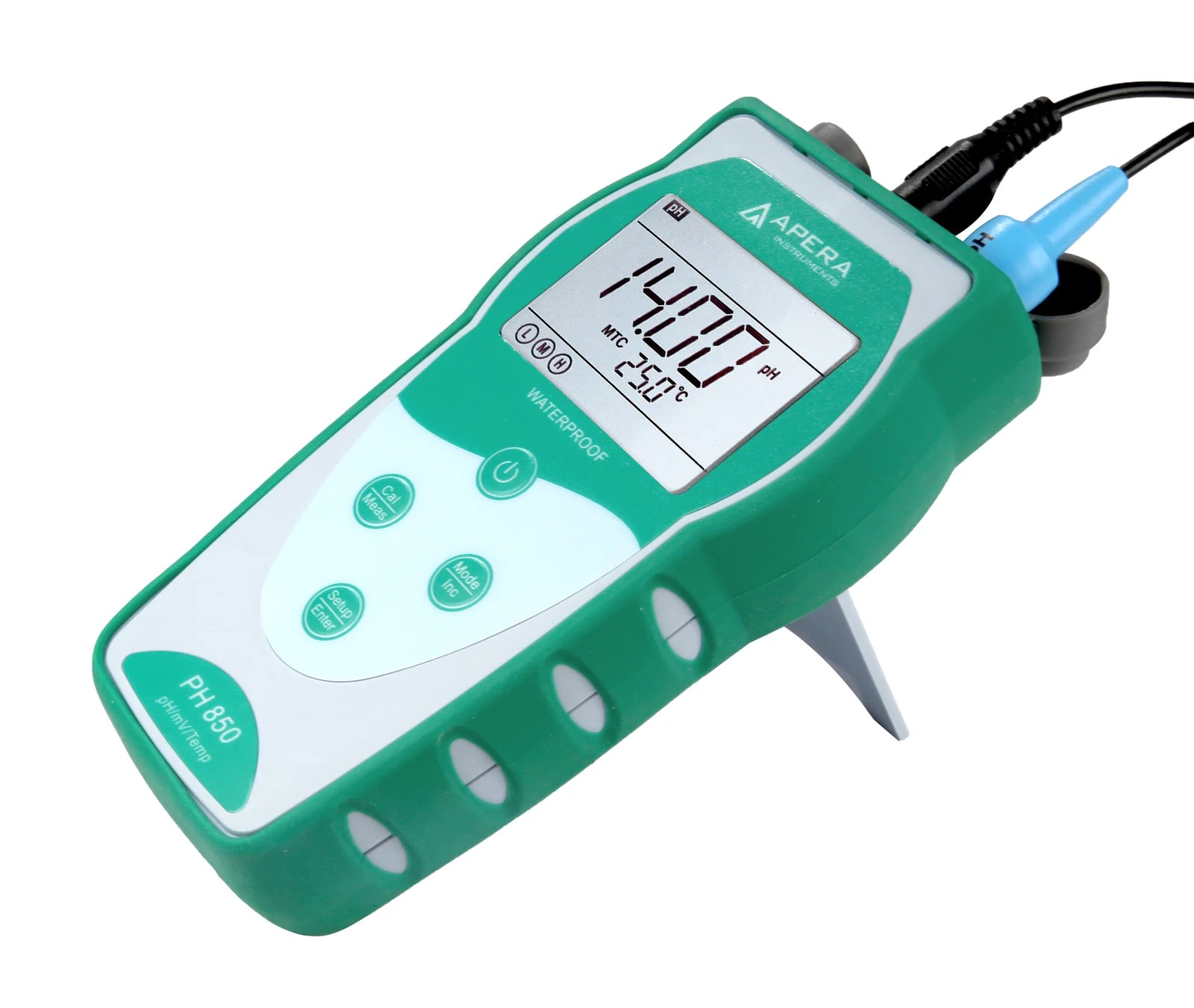 Actual PH850 Value meter on its fold-out stand with pH and temperature leads connected.