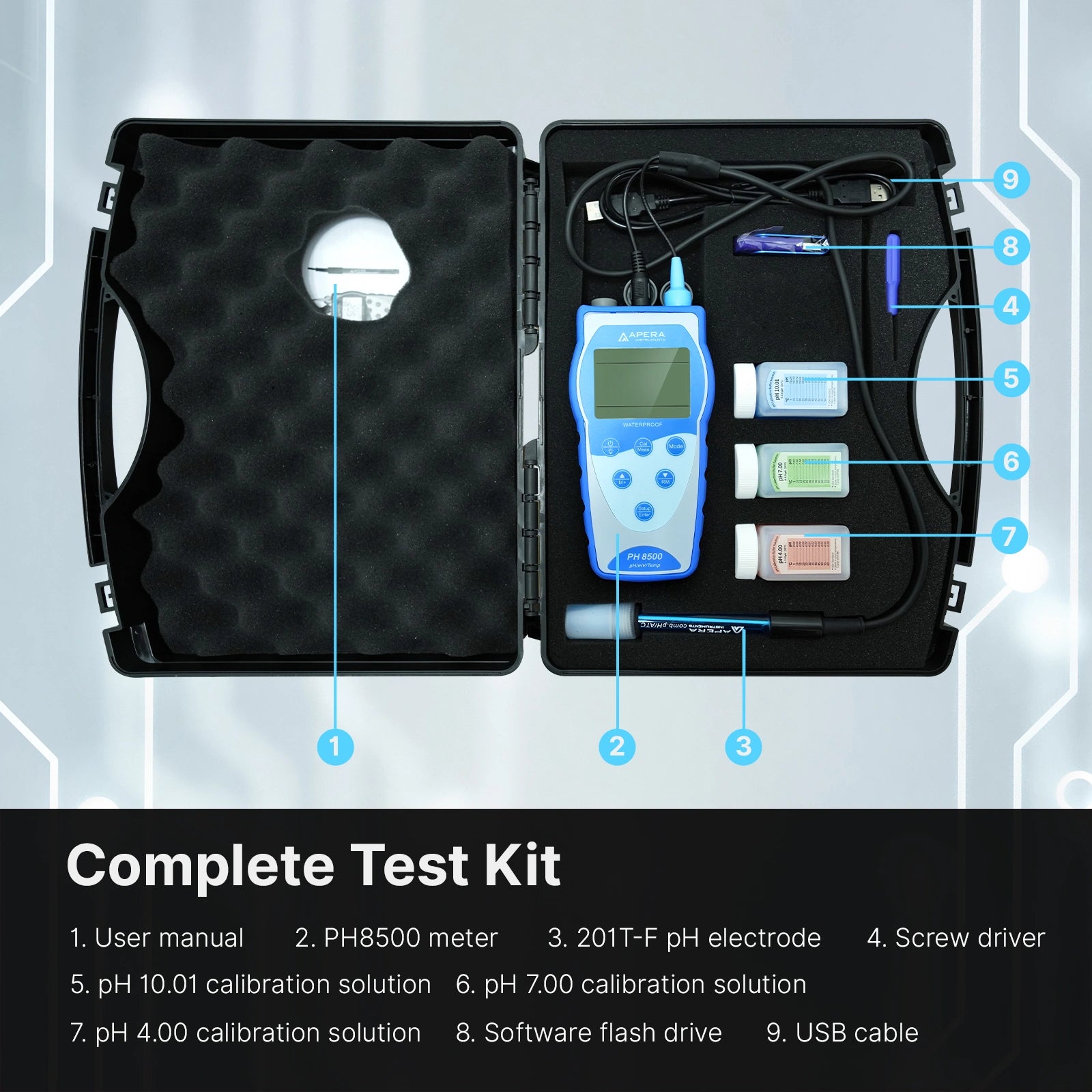 Apera PH8500 Portable pH Meter Kit with 201T-F Electrode and USB Data Logging Portable pH Meter Apera Instruments