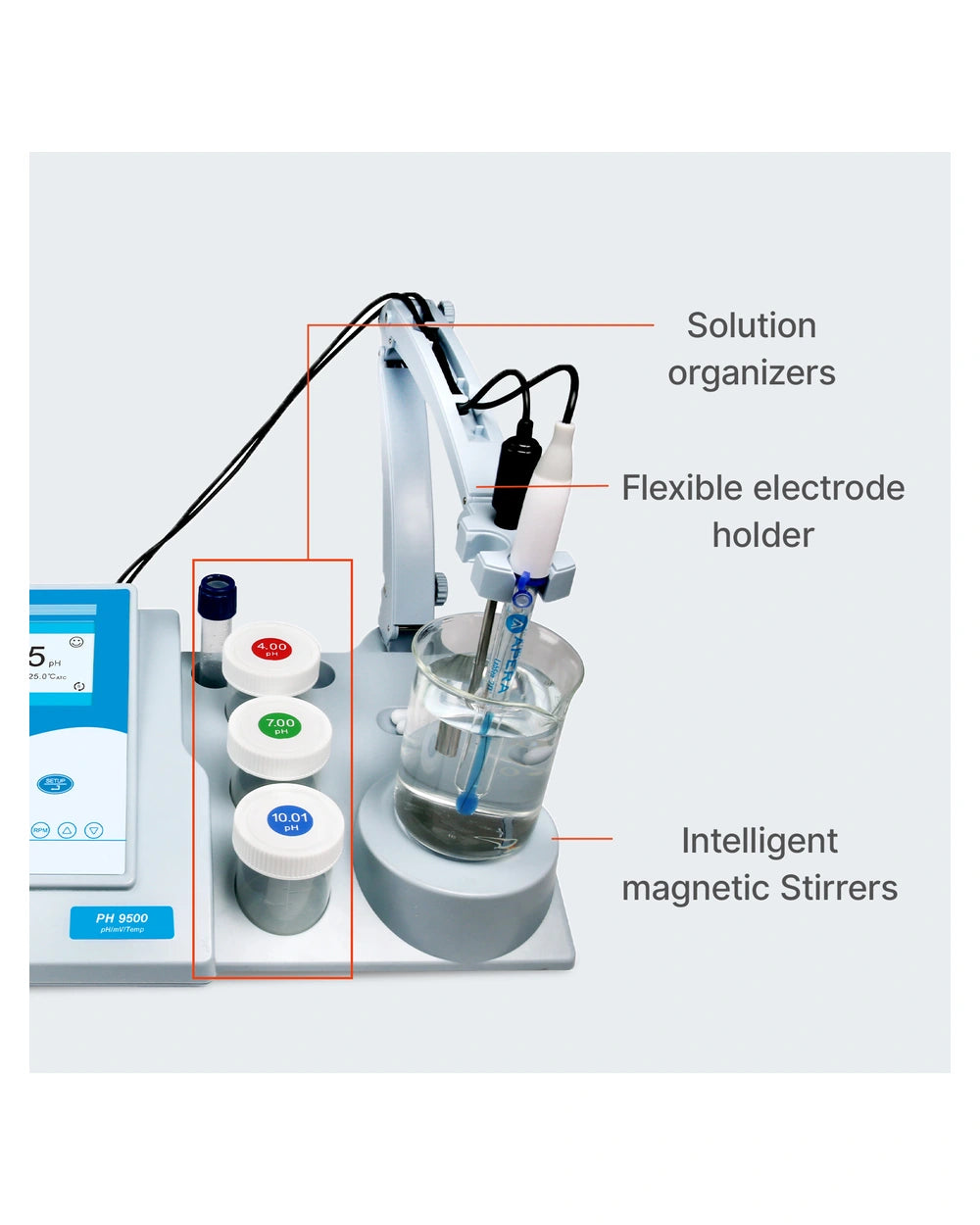 PH9500 TestBench photograph showing solution organizers, flexible electrode holder and stirrer